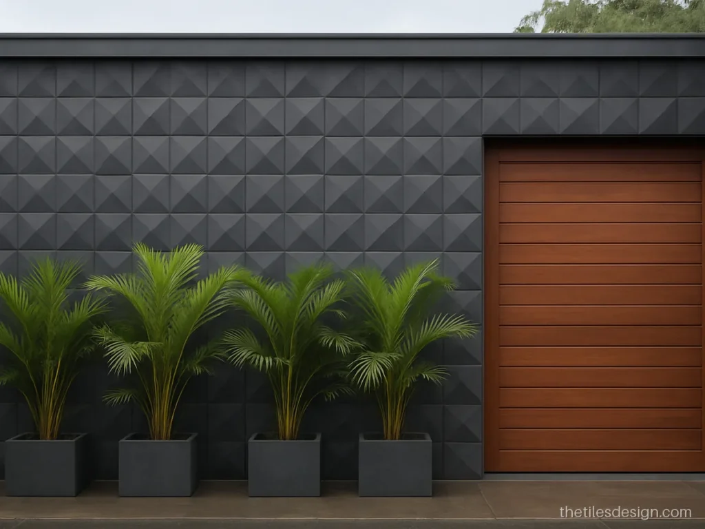 Charcoal 3D concrete wall tiles on a modern front wall beside the gate