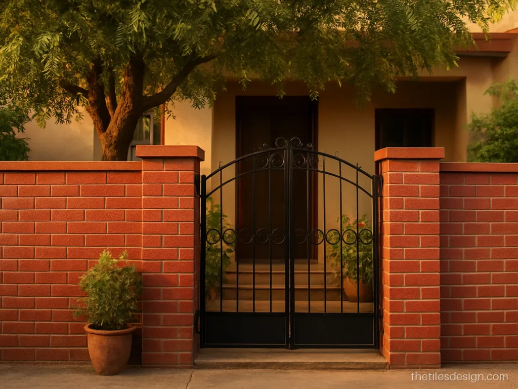 Red 3D brick tiles with split face finish on an Indian house front