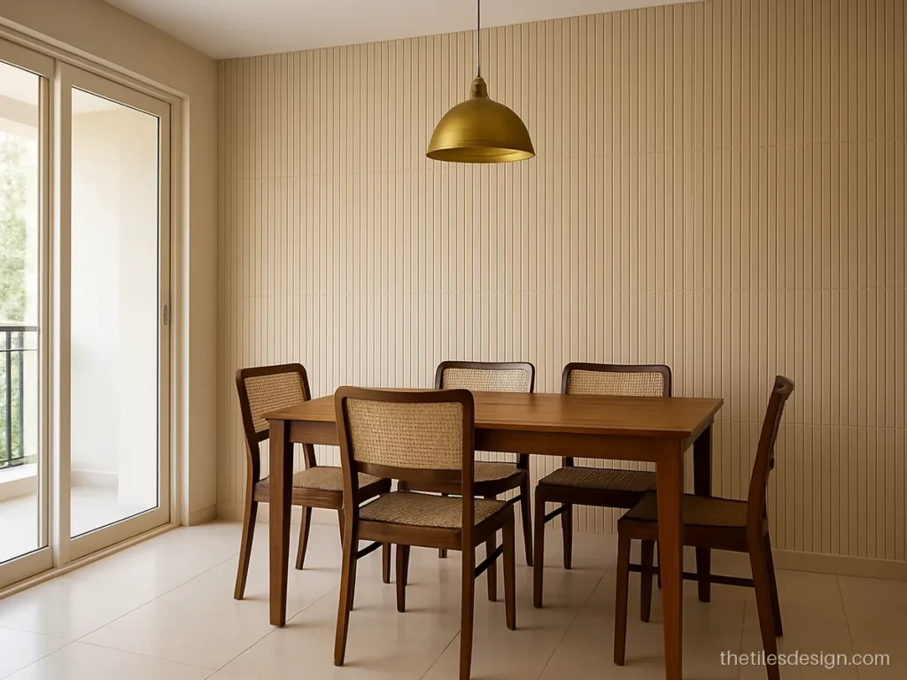 Beige 3D ribbed wall tiles on a dining corner wall of a hall