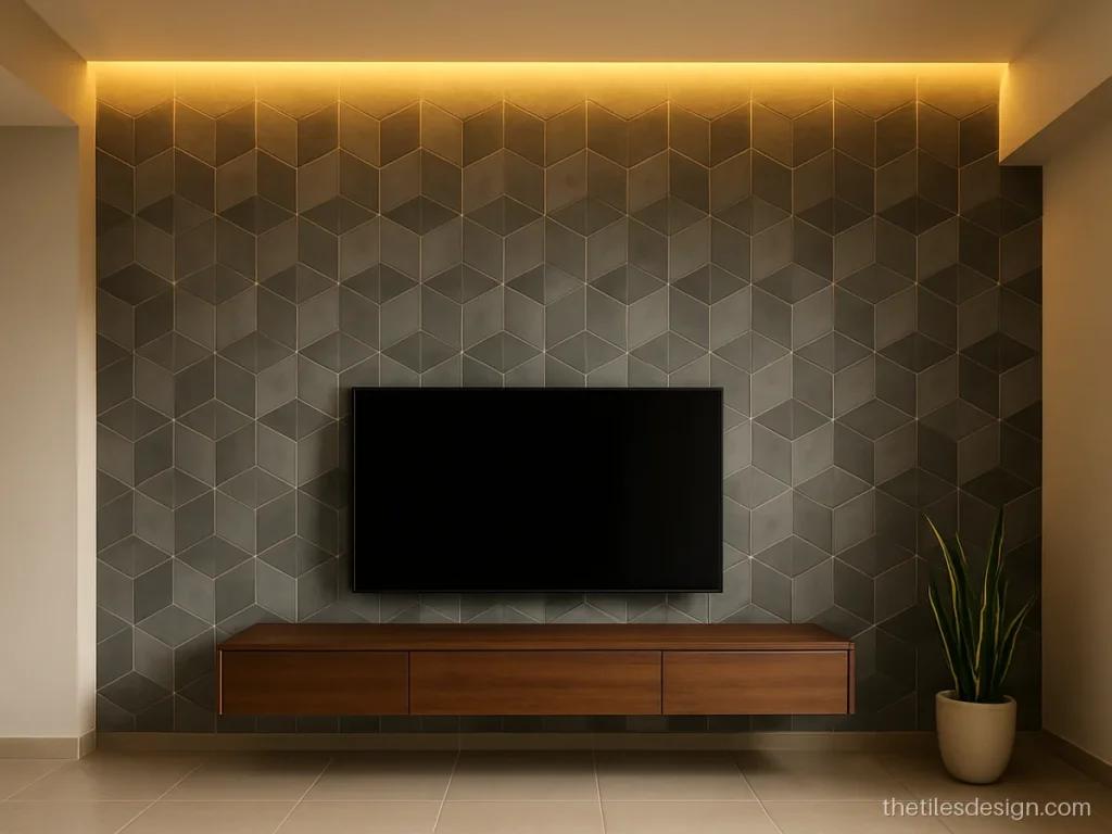 Grey 3D cube tiles on a TV unit wall in a modern Indian hall