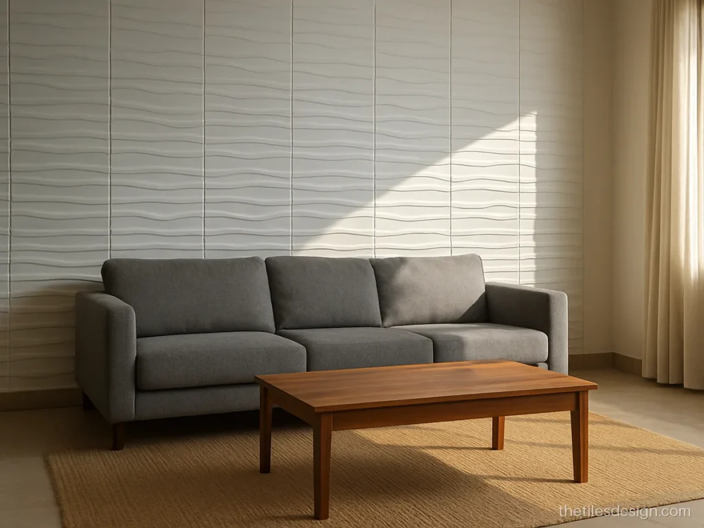 3D wall tiles design with white matt wave pattern behind a grey sofa in a hall