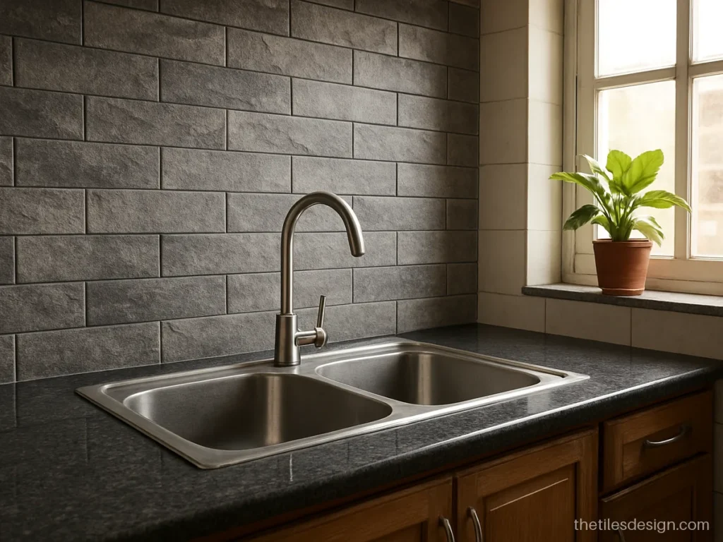 Grey textured 3D stone look tiles on a kitchen dado wall with steel sink