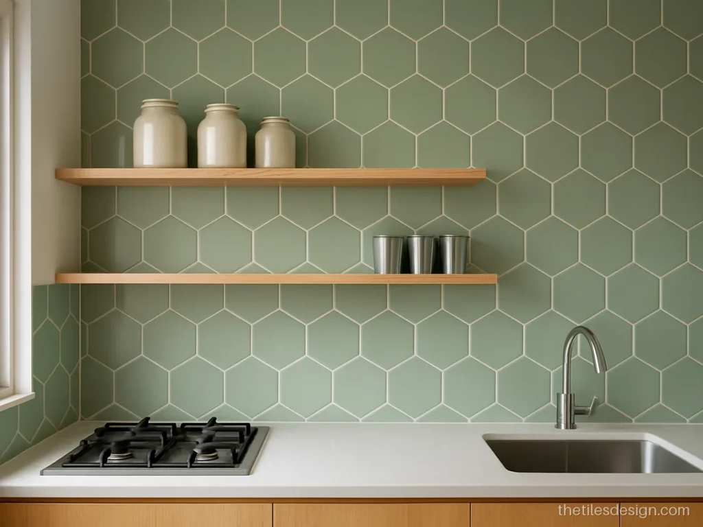 Sage green 3D hexagon relief tiles on a kitchen wall with wooden shelves