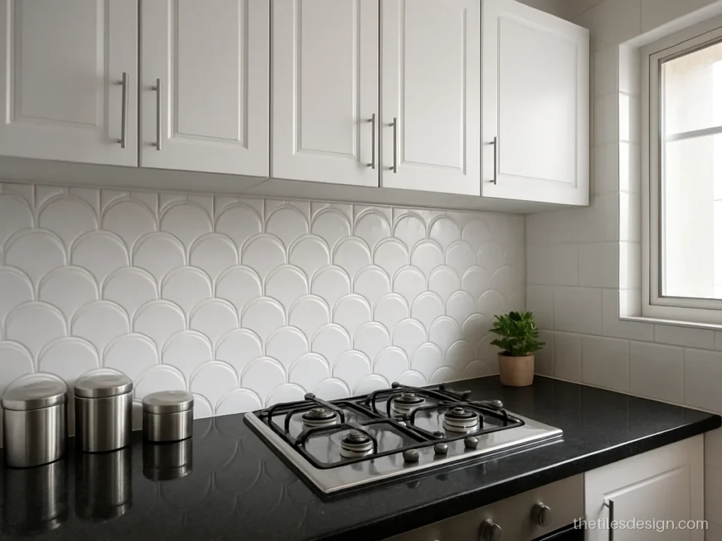 3D tiles for kitchen backsplash in white glossy arch pattern above a granite counter