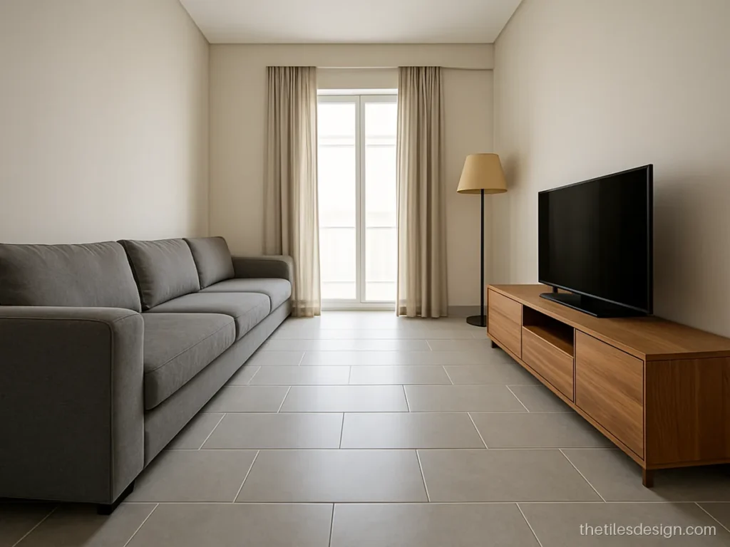 Brick pattern flooring with large grey tiles in a living room