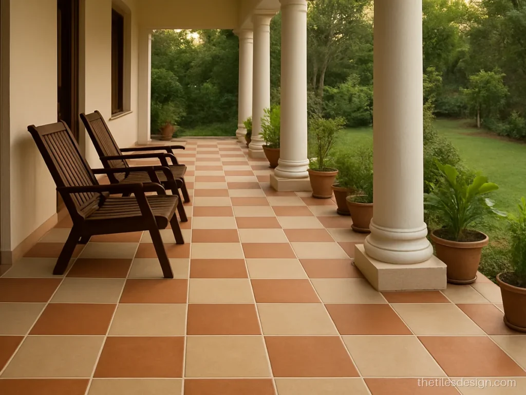Beige and terracotta tiles in a diagonal checkerboard on a verandah