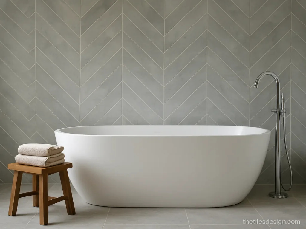 Grey marble look tiles in chevron pattern on a bathroom feature wall