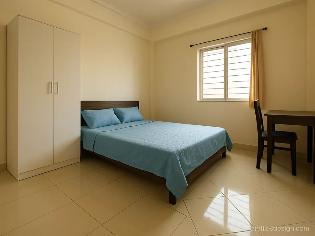 Cream floor tiles in a diagonal tile layout in a small bedroom
