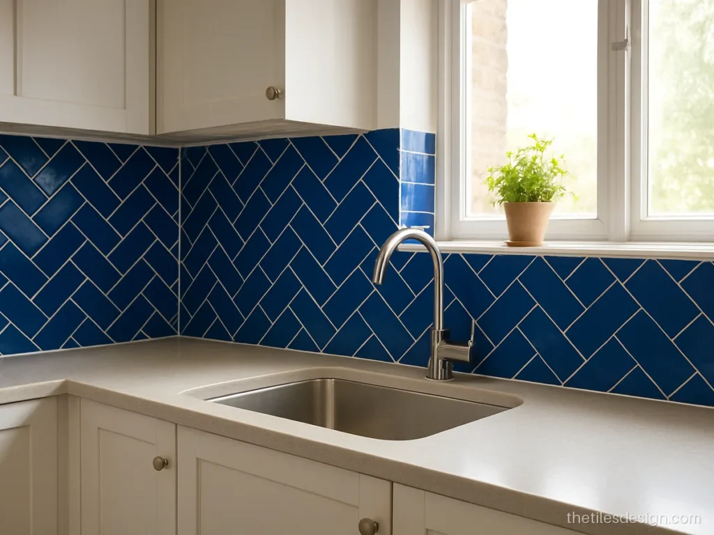 Blue subway tile in herringbone pattern behind a kitchen sink