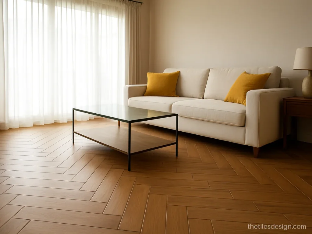 Herringbone tile pattern design for floor with wood look planks in a hall