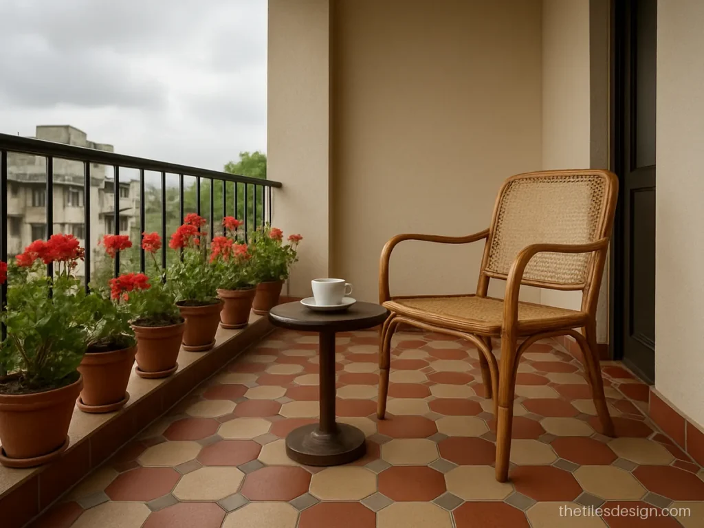 Coloured hexagon tiles in red and cream on a balcony floor