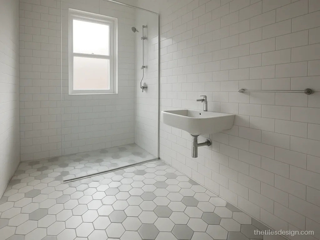 White and grey hexagon tile floor in a bathroom