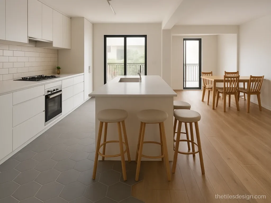 Hexagon tiles design fading into wood look floor between kitchen and dining
