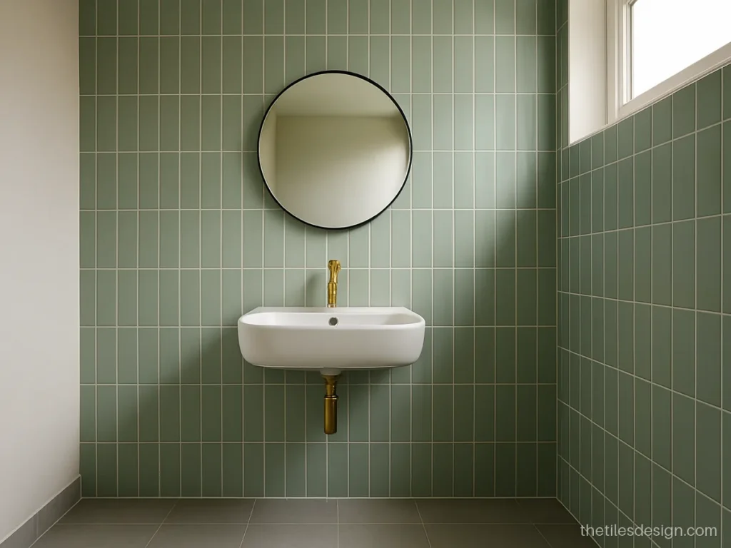 Green subway tiles in a vertical stack pattern on a bathroom wall