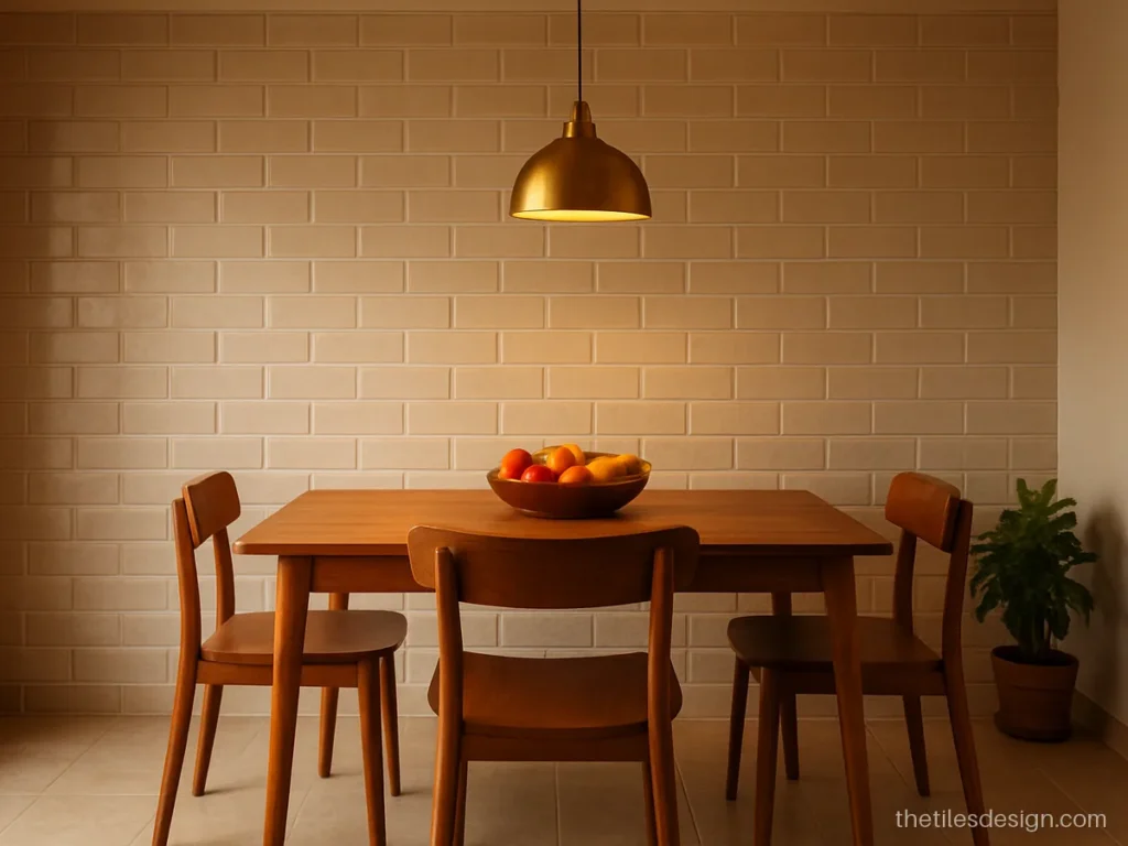 Textured subway tile in beige with one-third offset on a dining wall