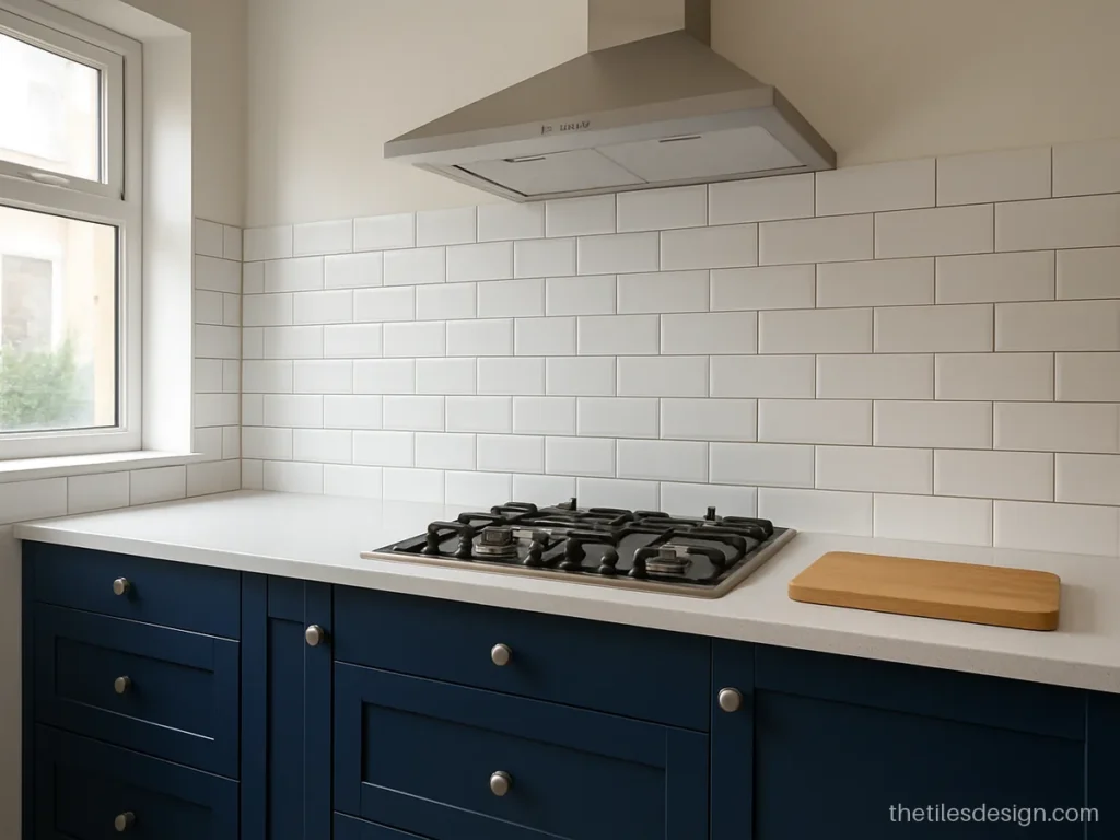 White subway tile in a brick pattern on a kitchen backsplash