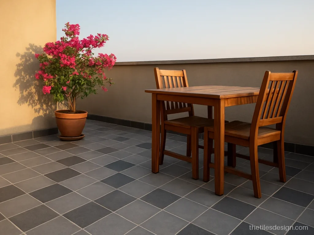 Grey tiles in a two-size pinwheel pattern on a terrace sit-out