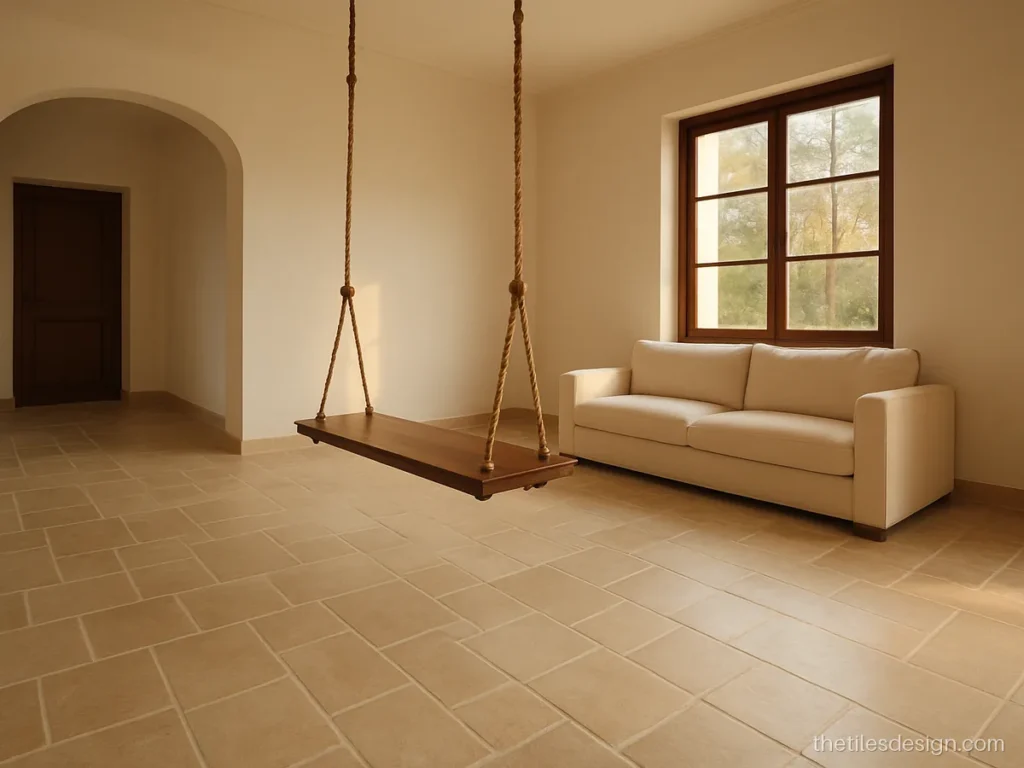 Beige tiles in a mixed size Versailles pattern on a hall floor
