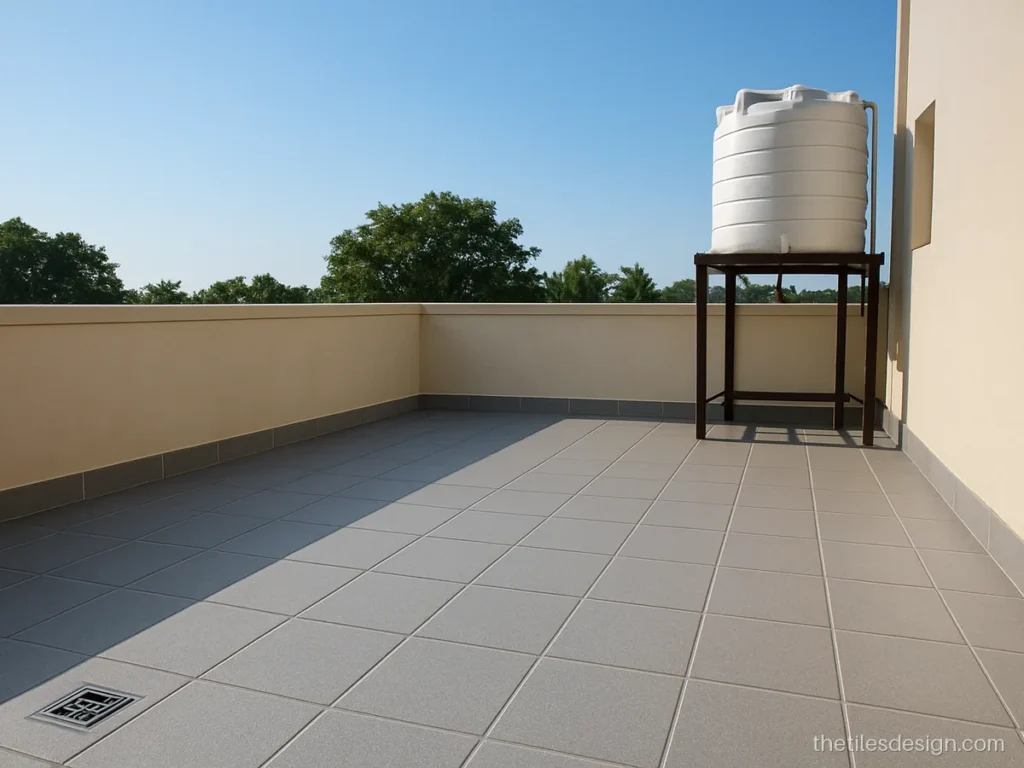 Anti skid tiles for terrace with epoxy grout joints over a waterproof coat
