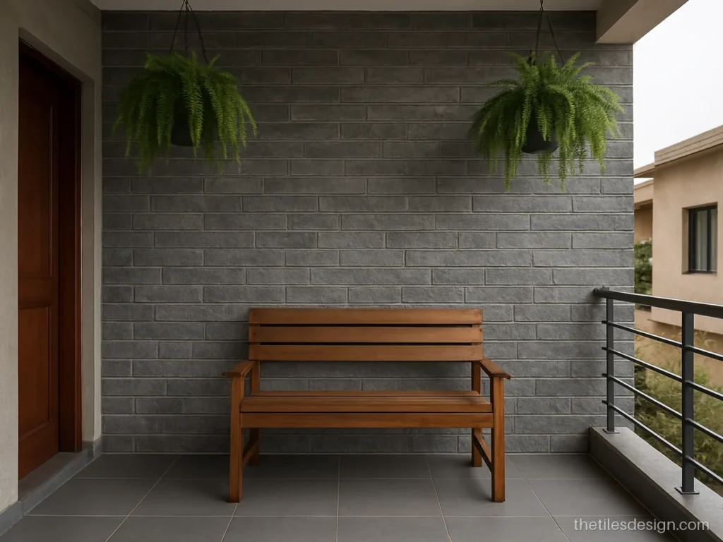 Balcony wall tiles design with grey stone strip cladding behind plants