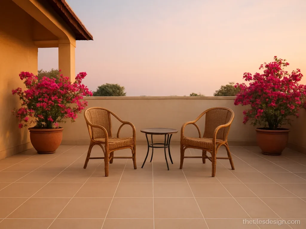 Terrace floor tiles in beige matt 600 x 600 mm for an open roof sit-out