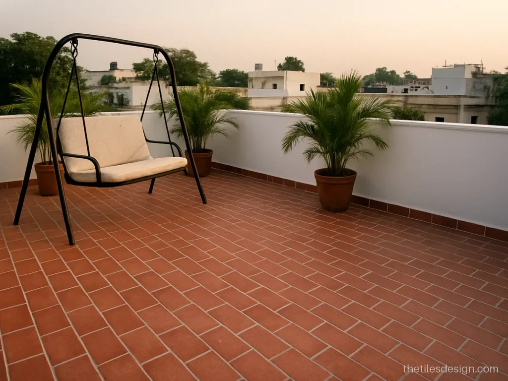 Roof terrace tiles in a red brick pattern with a slope to the drain