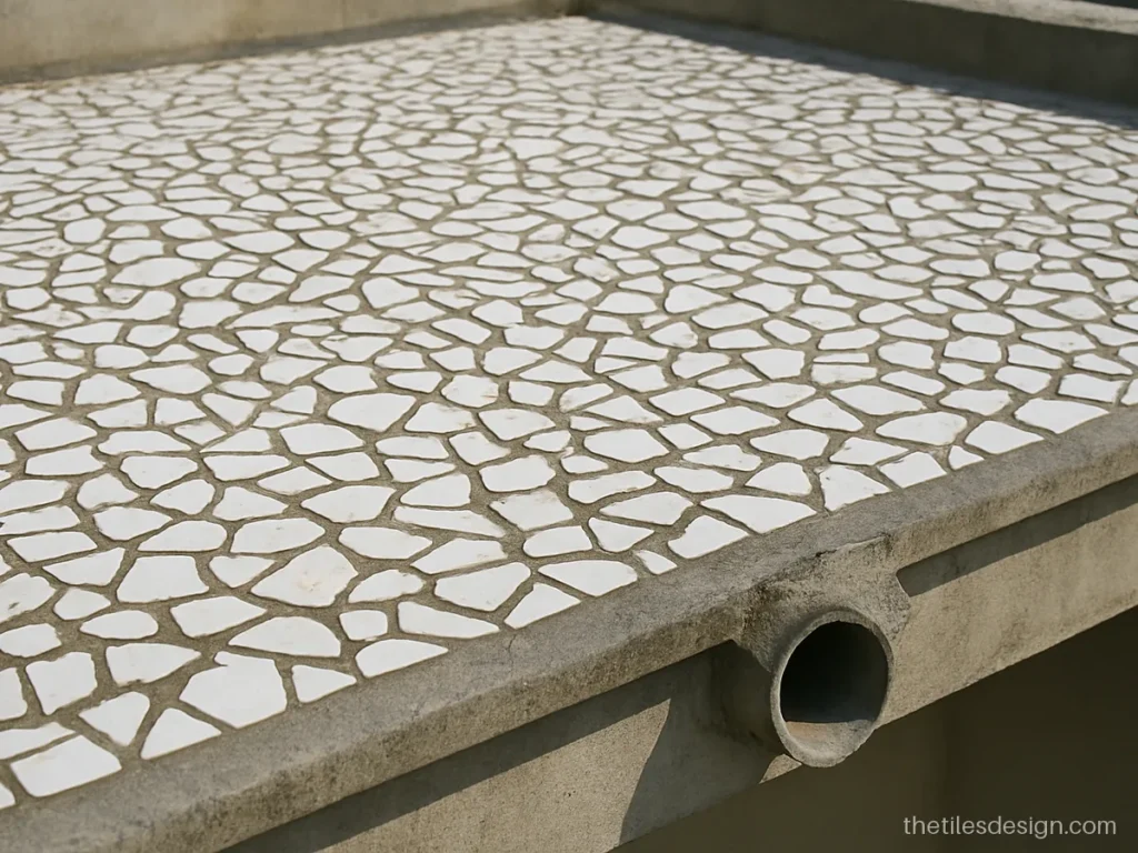 Broken china mosaic cool tiles on a terrace roof in white pieces