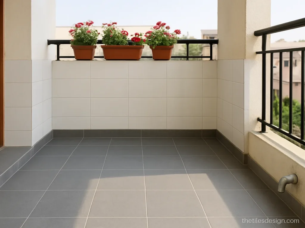 Front balcony tiles design with anti skid grey floor and white wall tiles