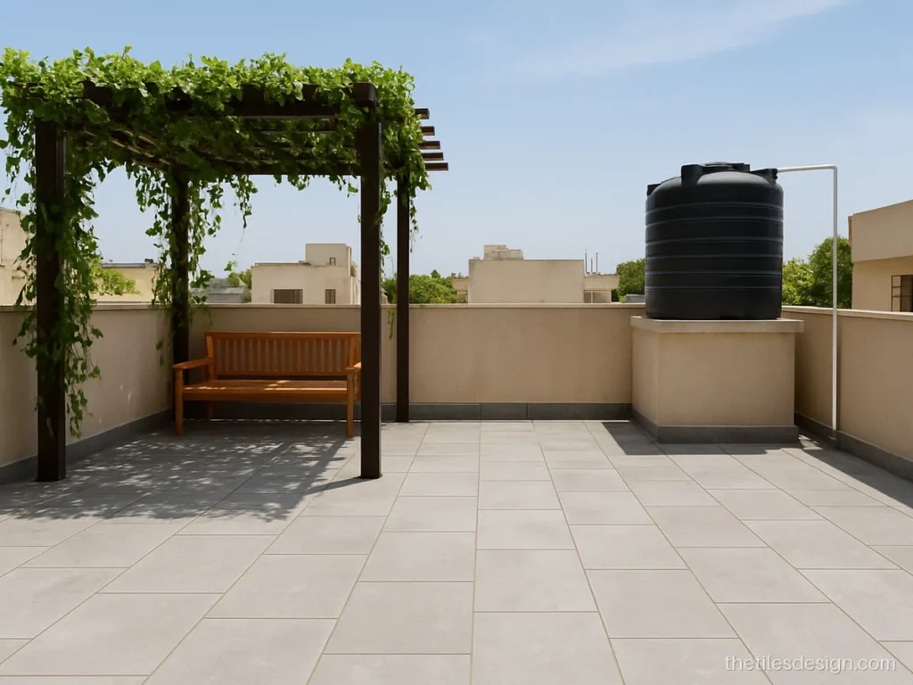 Open terrace floor tiles with a grey stone look and textured surface