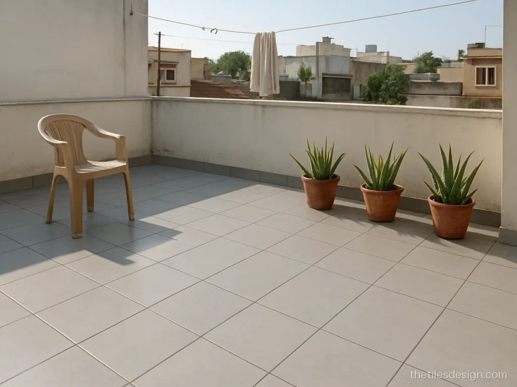 Light grey cooling tiles for terrace with a heat resistant matt surface