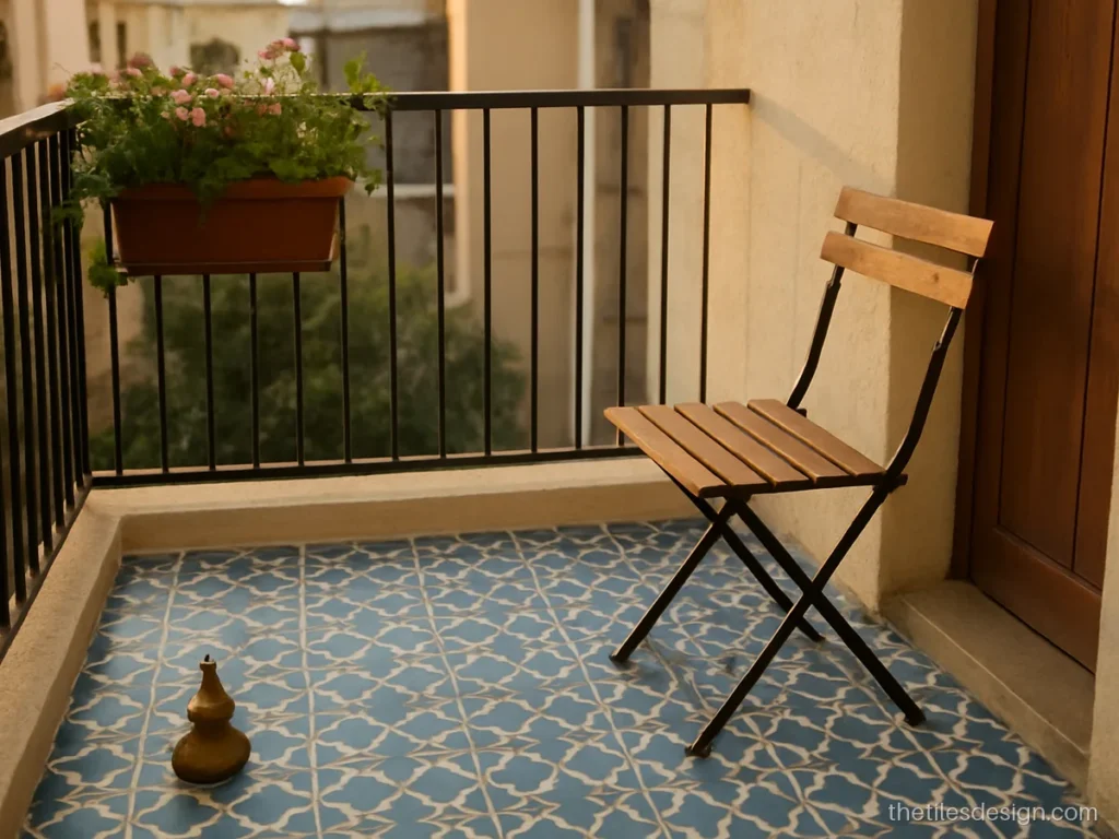 Modern balcony tiles design with blue and white Moroccan pattern floor
