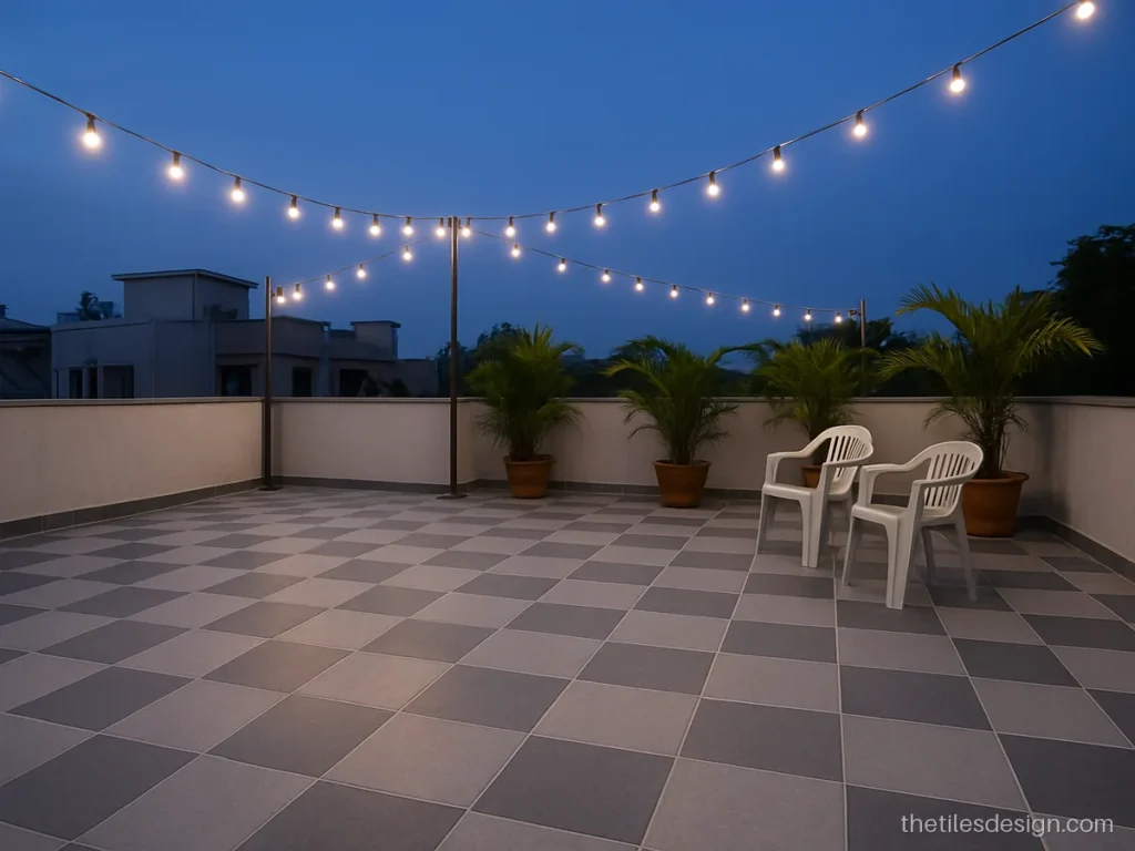 Open terrace floor tiles in a grey and white check for a roof party area