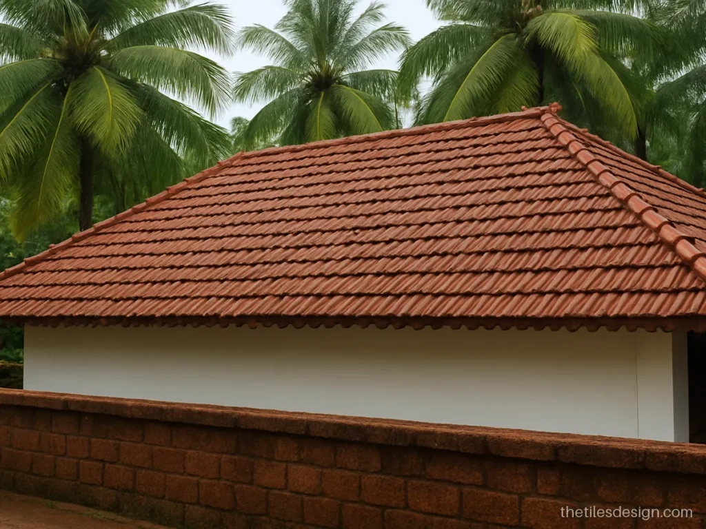 Red clay roof tiles in the classic Mangalore pattern on a sloped house roof