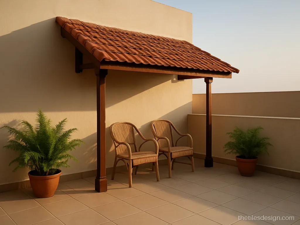 House roof tiles on a sloped canopy above a flat terrace with floor tiles