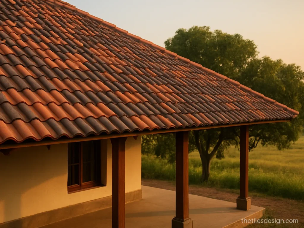 Roof tile colours mixed in terracotta and brown on a sloped farmhouse roof