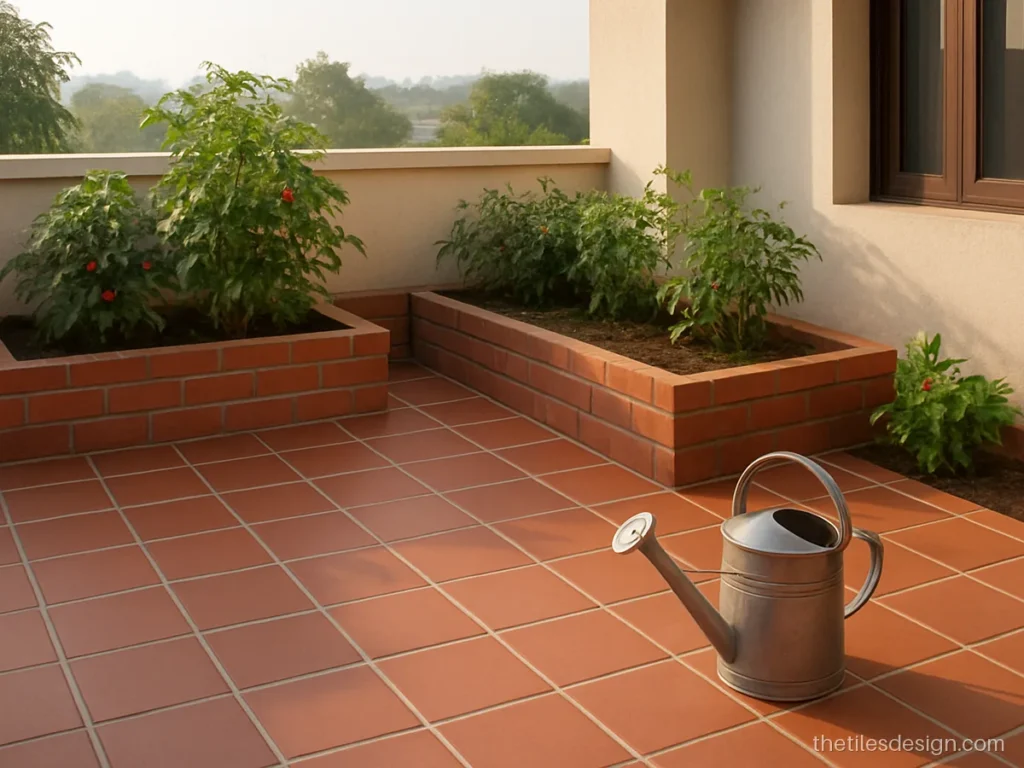 Terrace tiles design with terracotta square tiles around a rooftop garden