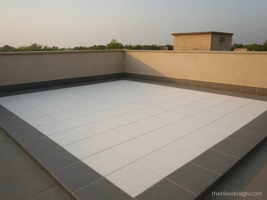 White roof tiles with a grey border strip along the terrace parapet