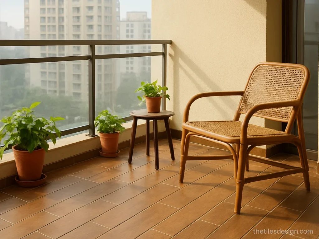 Wooden tiles for balcony floor in a warm honey wood look with anti-skid finish