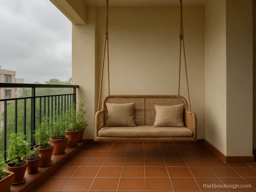 Terracotta look anti-skid floor tiles on a balcony with a swing