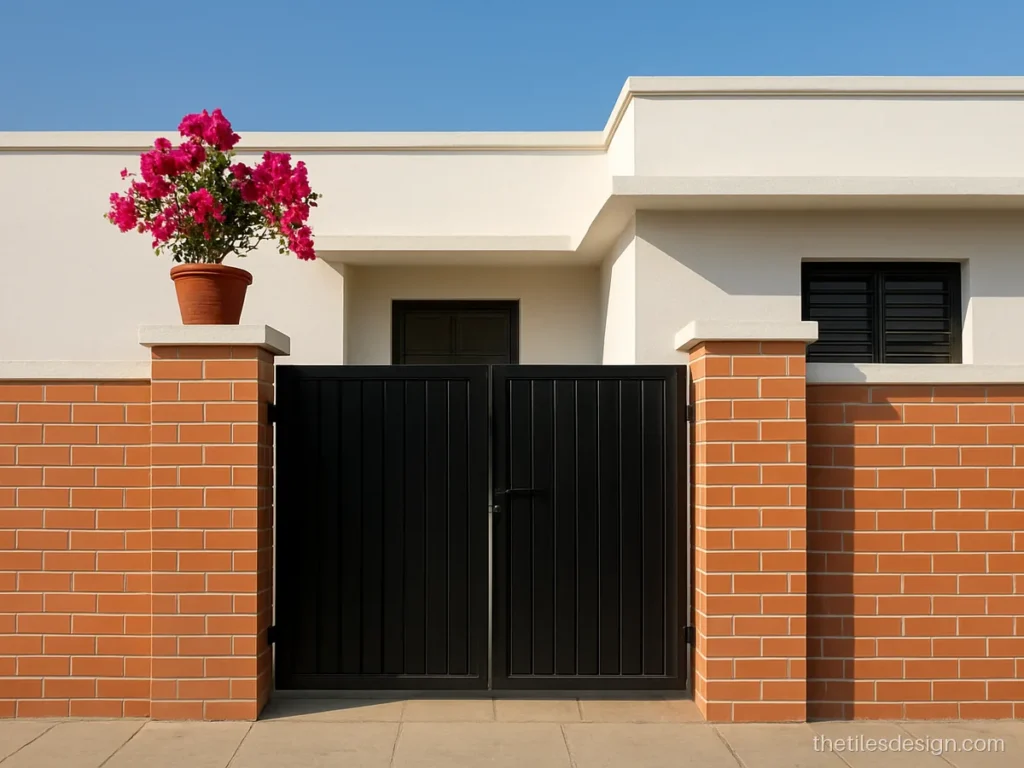 Terracotta brick tiles cladding on front wall pillars of a house