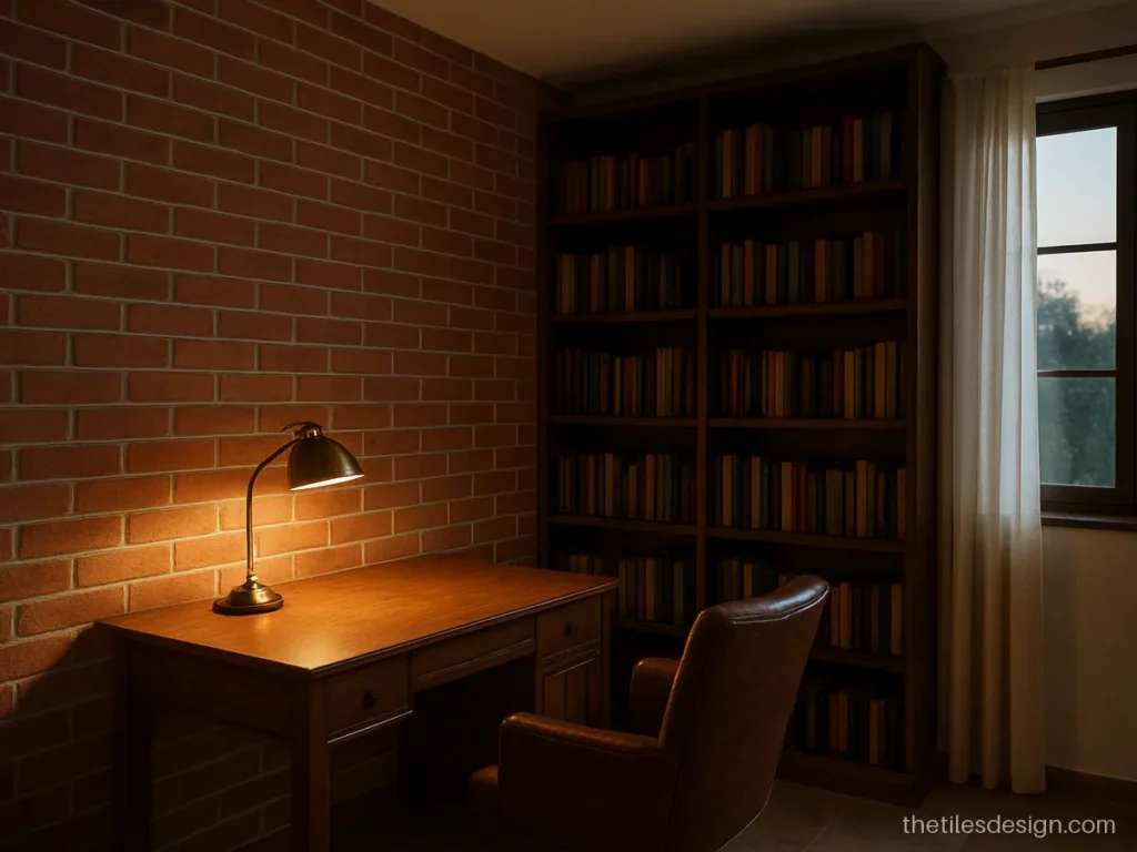 Red brick wall tiles on a study room wall with wooden shelves