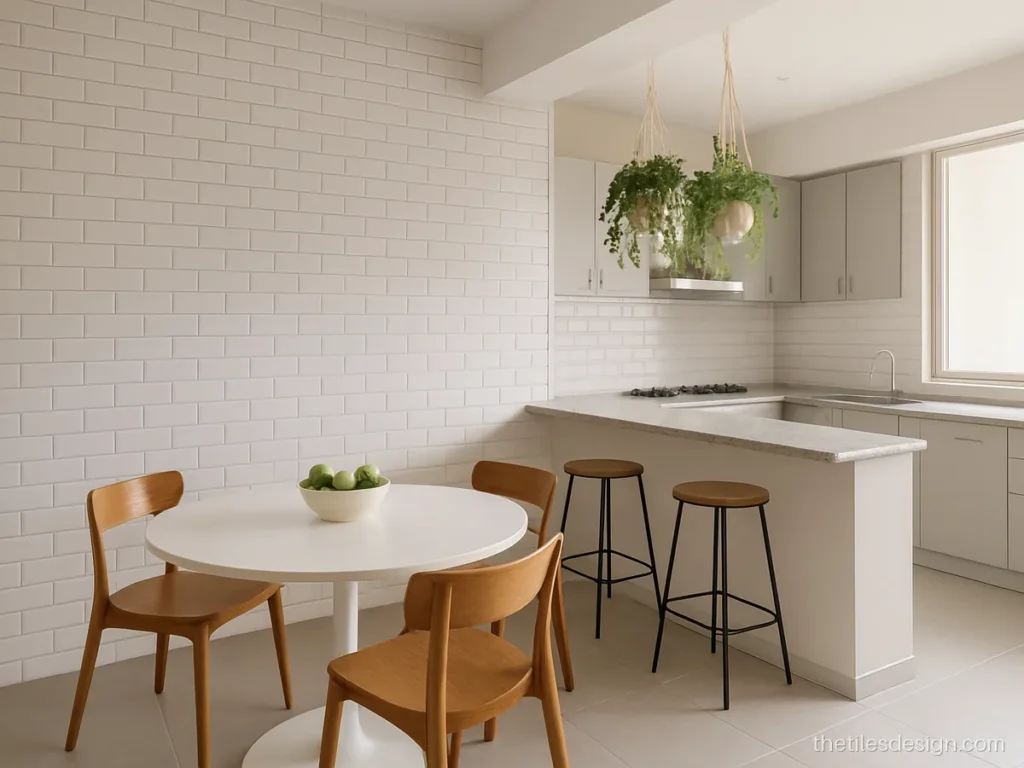White brick tiles on a kitchen dining wall in a modern flat