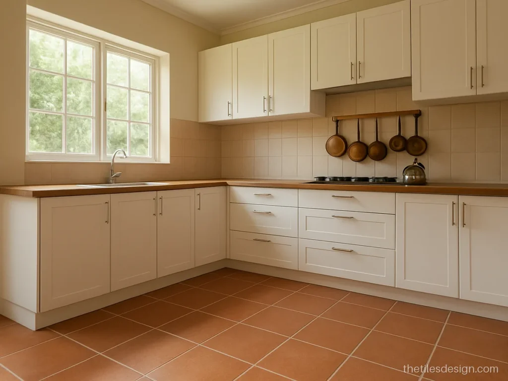 Terracotta look porcelain floor tiles in a modern Indian kitchen