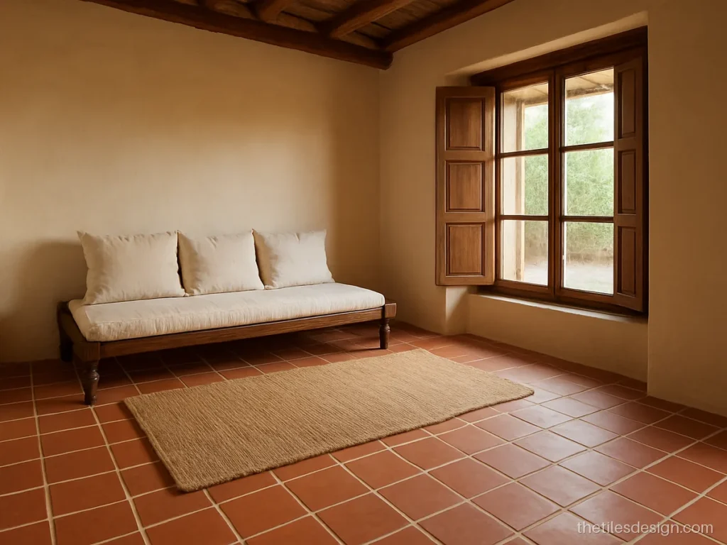 Red clay terracotta floor tiles in a square layout in a living room