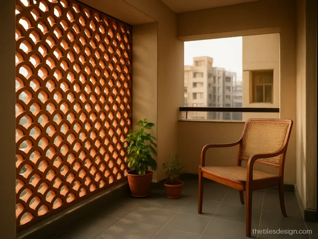 Clay terracotta jaali privacy panel on a city flat balcony