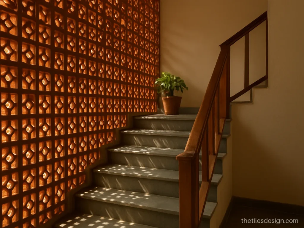 Terracotta jaali screen wall along a staircase in an Indian home