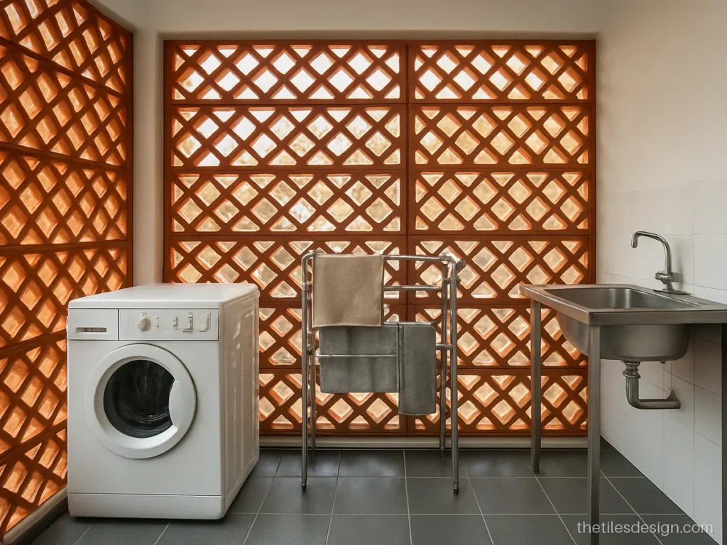 Clay jaali blocks for ventilation in a home utility area wall