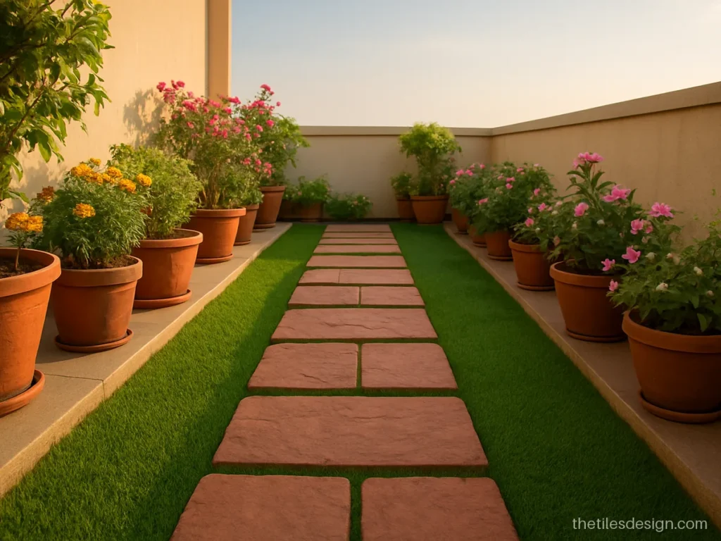 Terracotta stone path tiles on a terrace garden