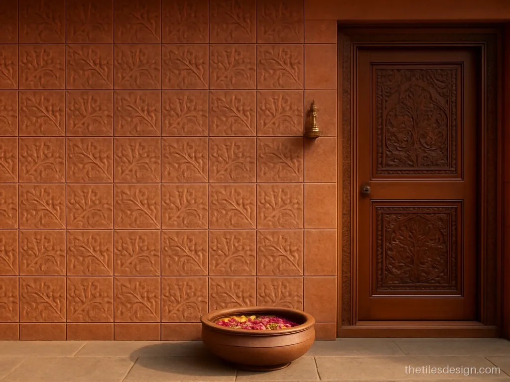 Decorative terracotta wall tiles with leaf relief at a house entrance