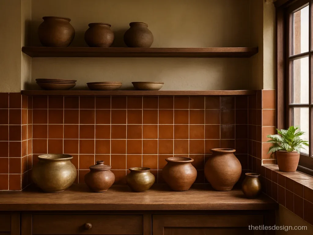 Glazed terracotta tile backsplash in a rustic Indian kitchen